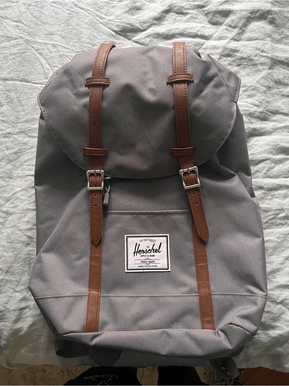 Herschel Supply Company Retreat Light Gray Backpack with Brown Strap Accents